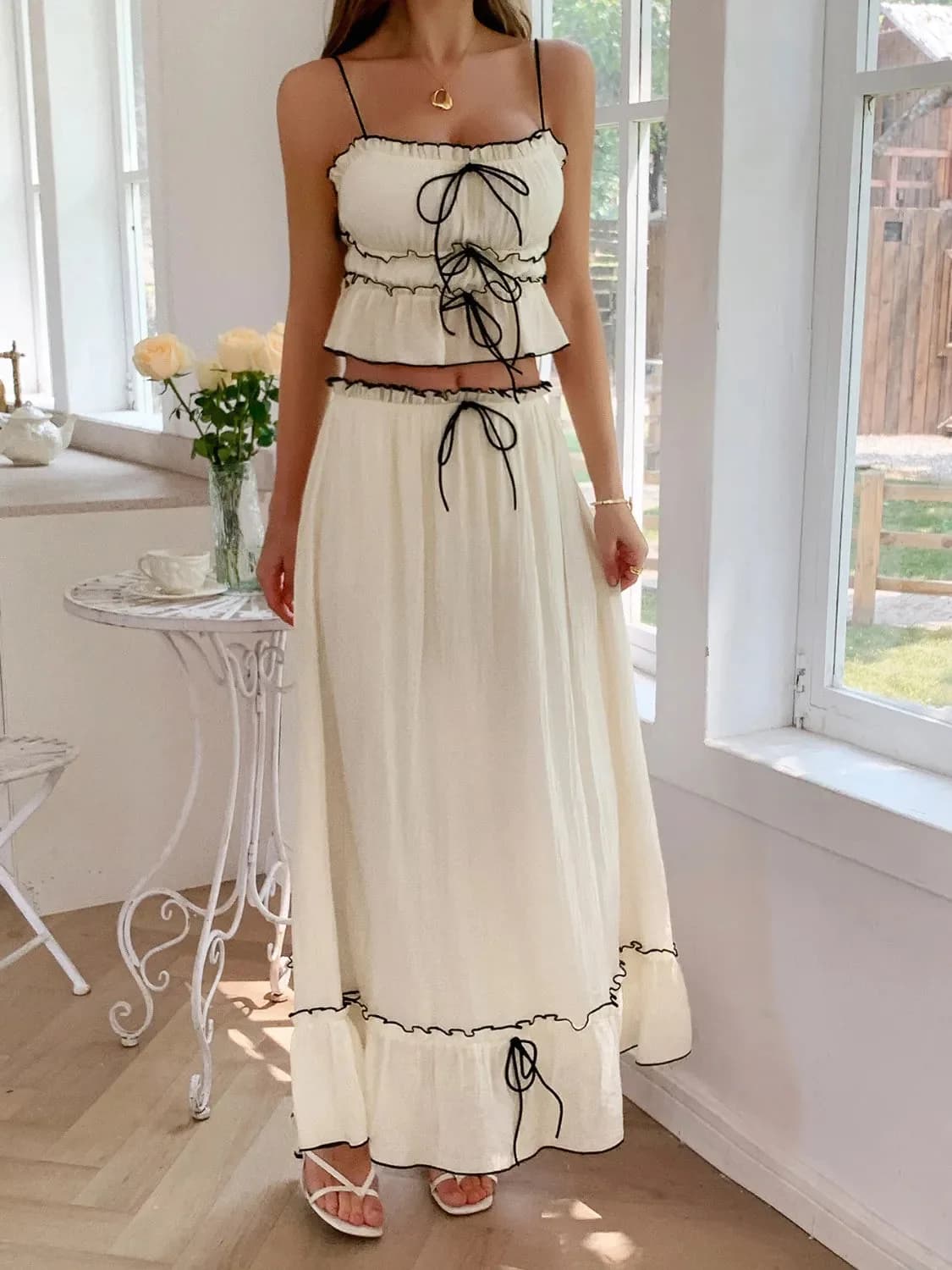 Frill Square Neck Cami and Skirt Set In Multiple Colors