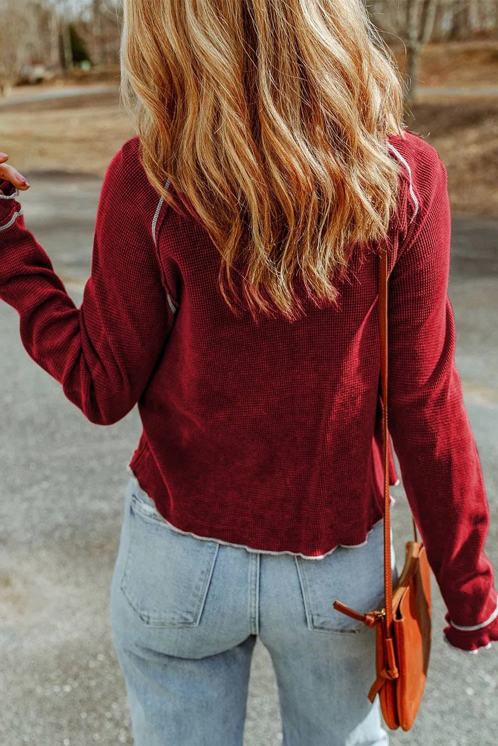 Textured Round Neck Long Sleeve Top (Red)