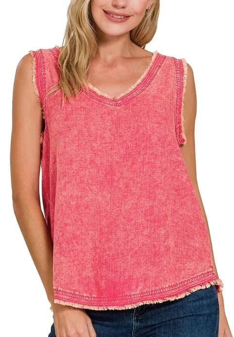 Washed Linen Frayed Edge Vneck Sleeveless Top Zenana (Deep Camel)
