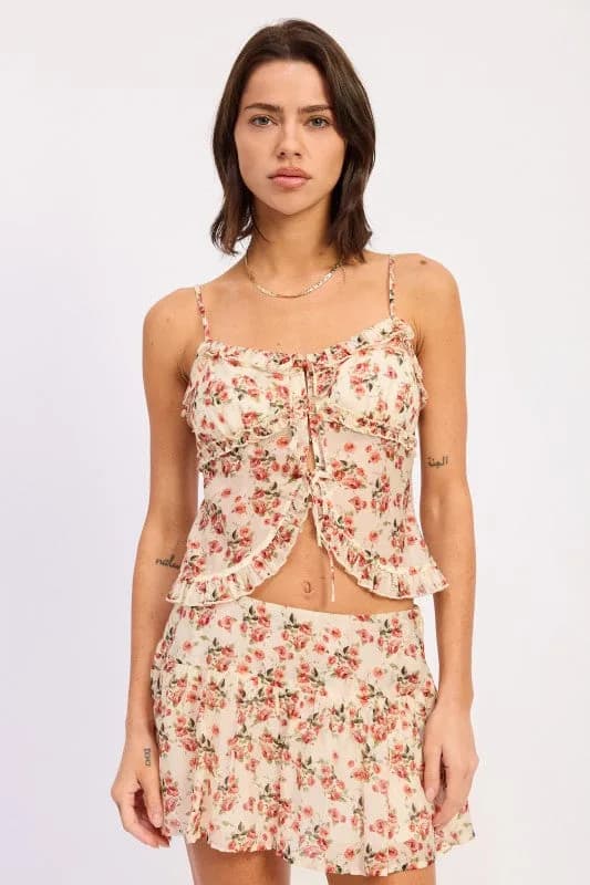 RUFFLED CAMI TOP WITH FRONT TIE