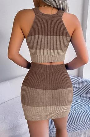 Block Halter Tank Top with Skirt Unshi (Brown)