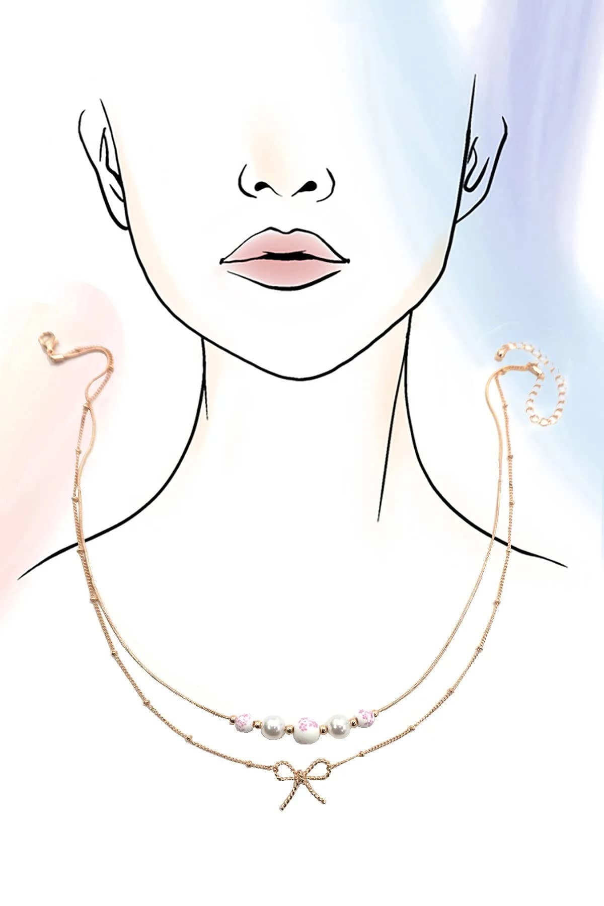 Pink Ceramic Porcelain Pearl Mix Layered Necklace
