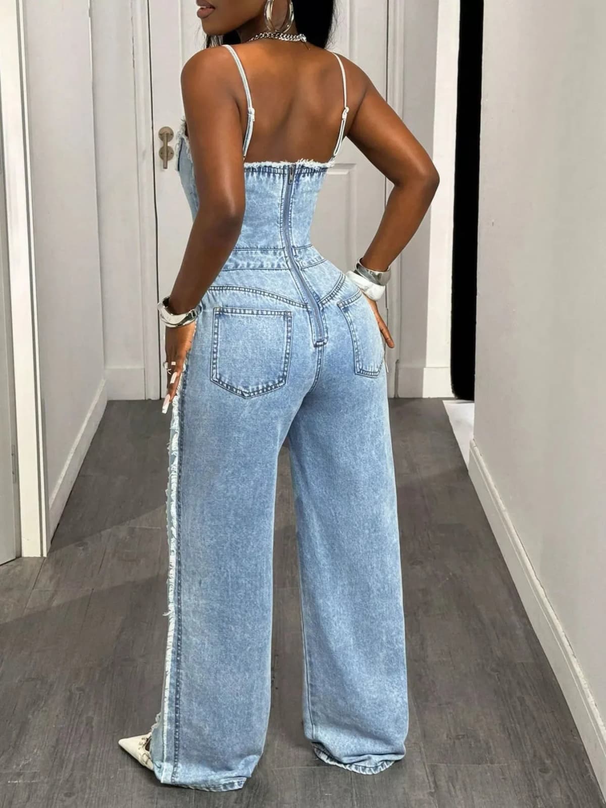 Distressed Spaghetti Strap Wide-Leg Denim Jumpsuit