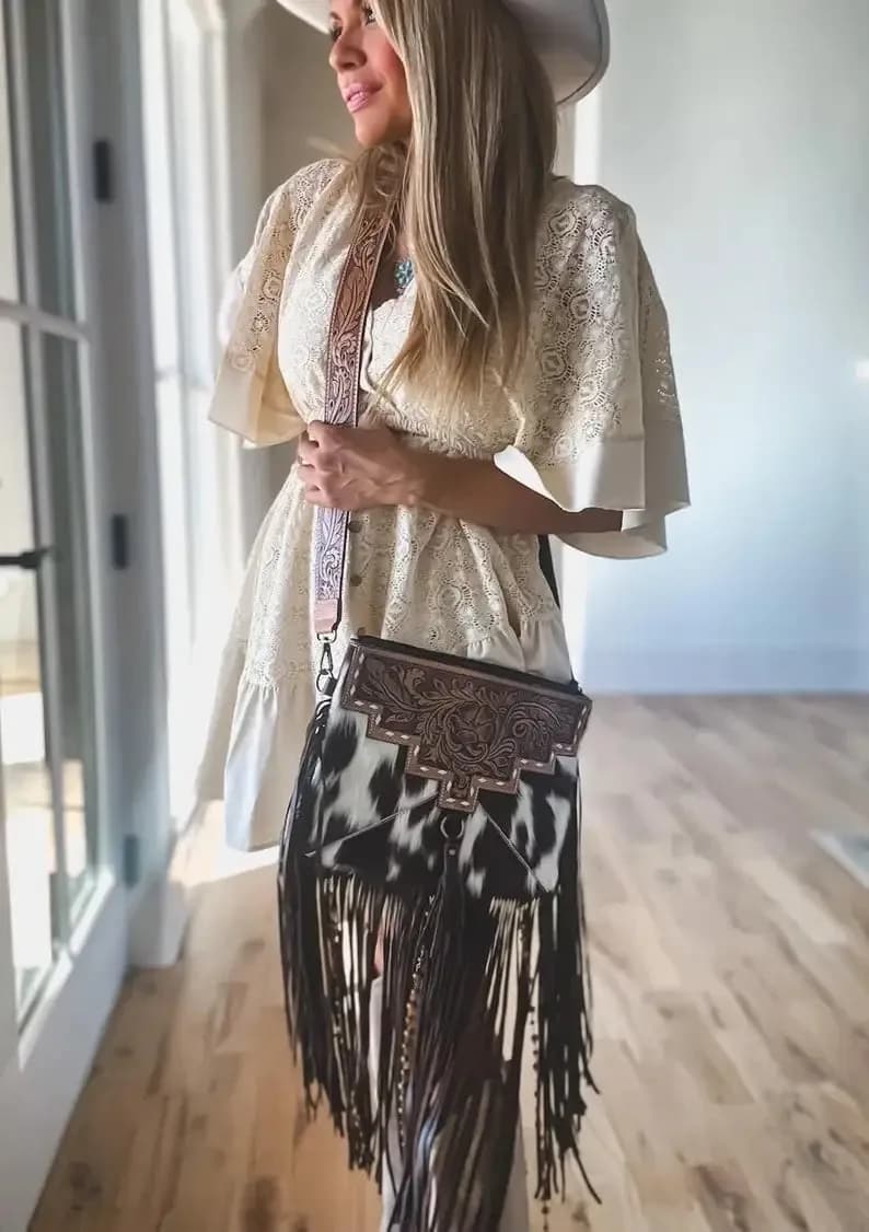 DIXIE CROSSBODY Cowhide Western Tooled Leather Fringe Purse