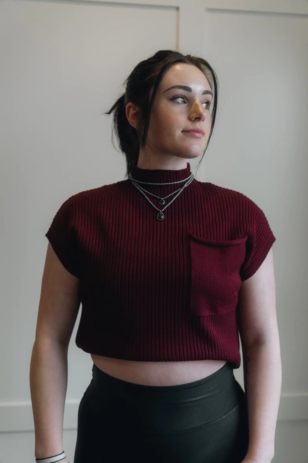 Mineral Red Patch Pocket Ribbed Knit Short Sleeve Sweater