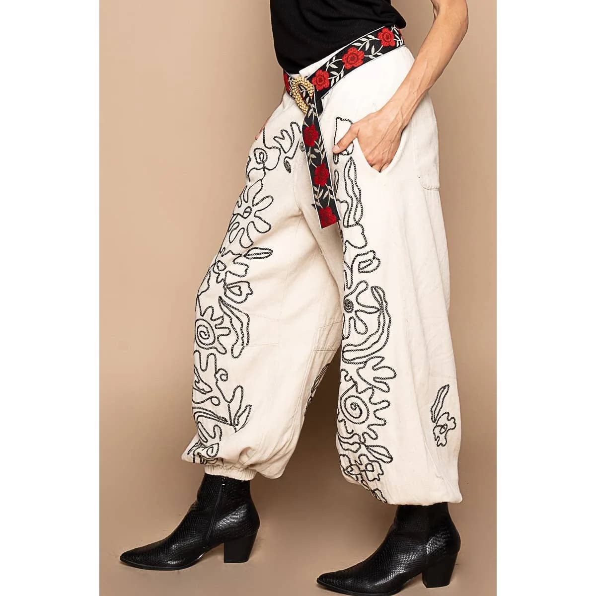 Floral Embroidered Pattern Solid Twill Jogger Pants by POL