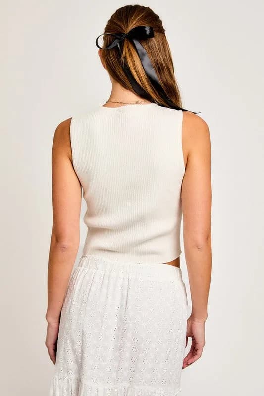 Satin Bow Detail Sleeveless Sweater Top Vest Multiple Colors
