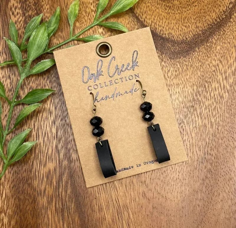 Black Bead w Small Black Leather Loop Earring 1 1/2”