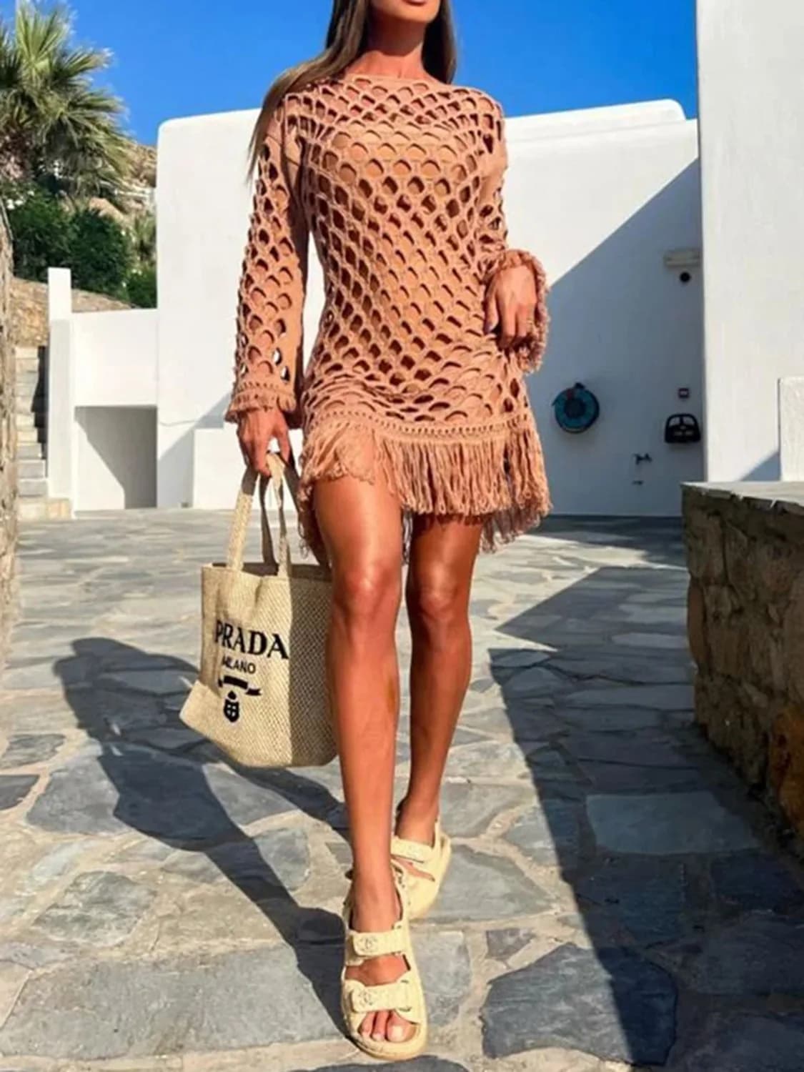 Fringe Cutout Long Sleeve Cover Up Multiple Colors