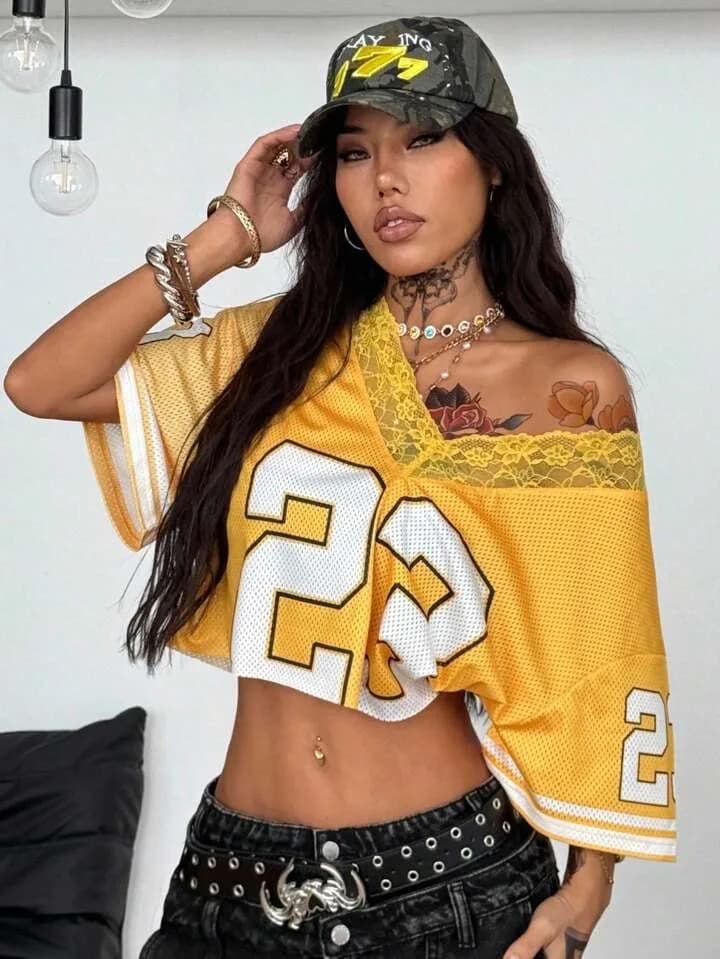 Yellow 23 Lace Trim Mesh Crop Top Jersey