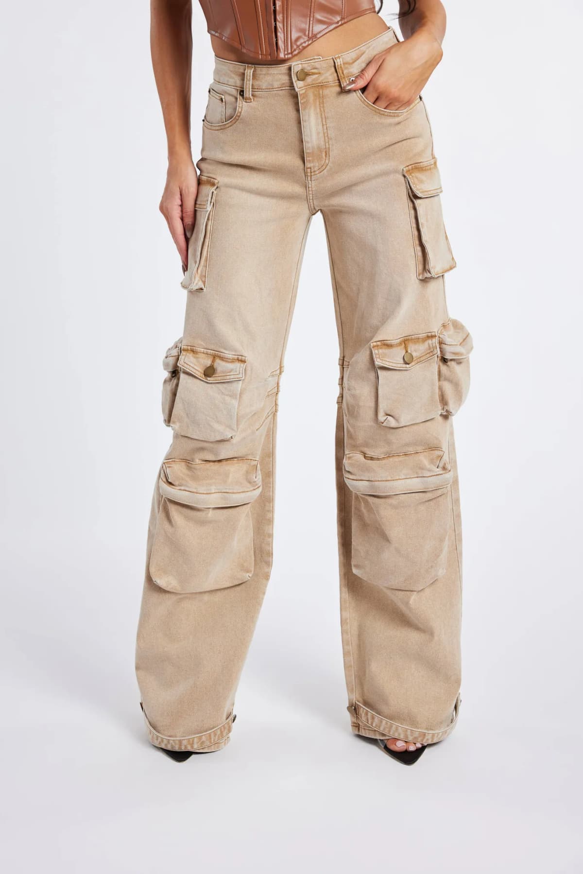 Beige Washed Cargo Jeans by WFFS