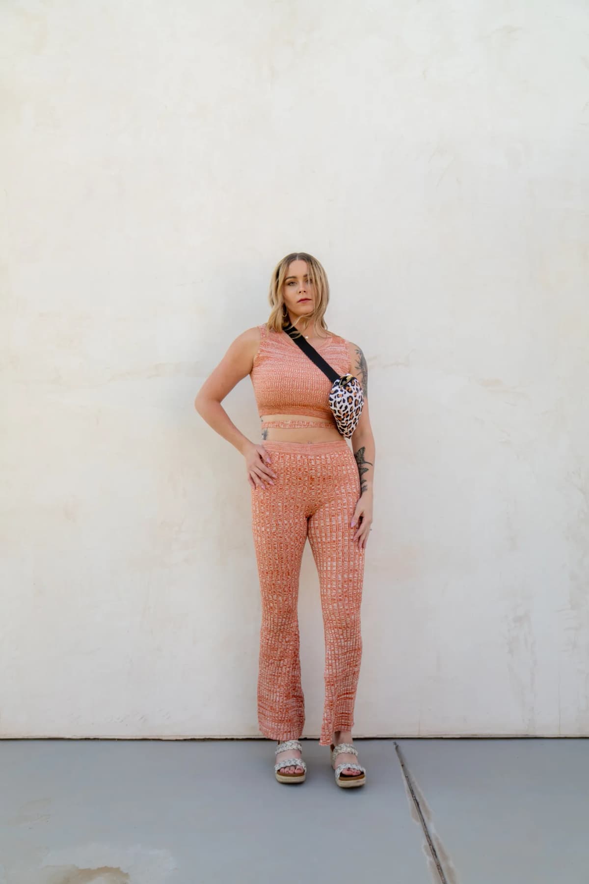 Rust Color Sweater Crop Top and Flared Pants Set by Blue Blush