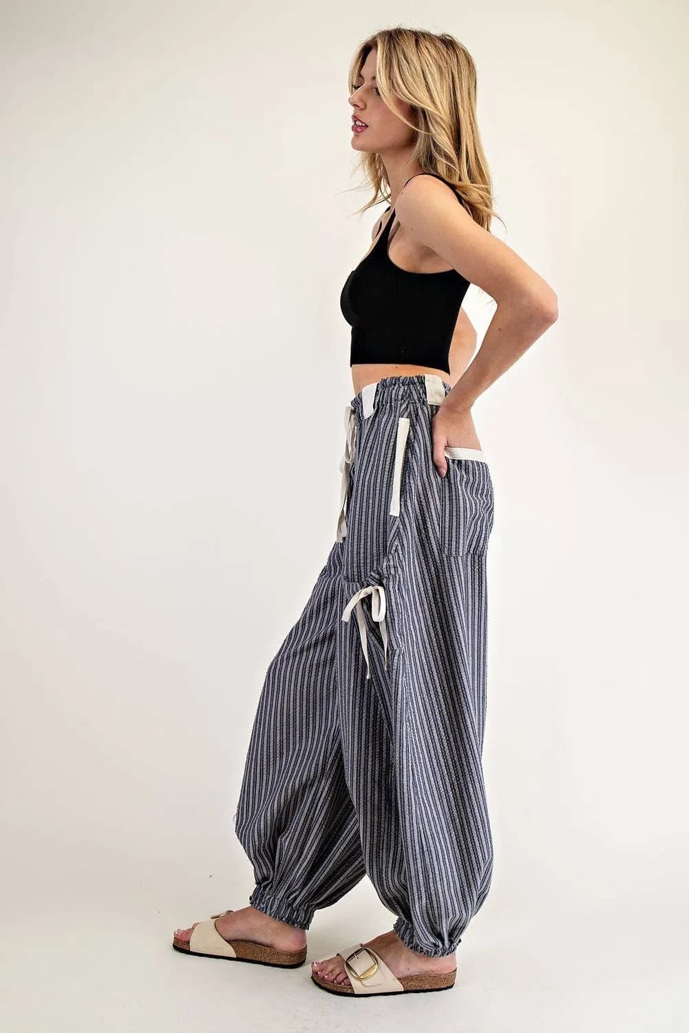 STRIPED DRAWSTRING SIDE POCKET JOGGER PANTS