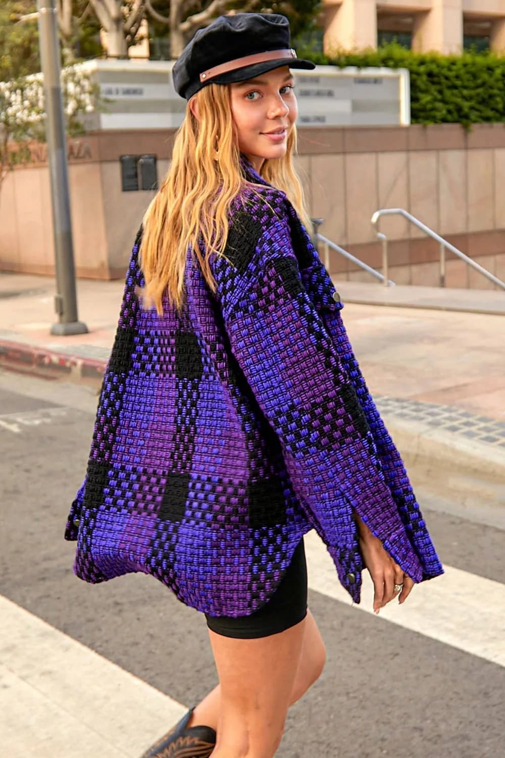 Purple Checkered Patterned Loose Fit Jacket with Front Pockets by La Miel