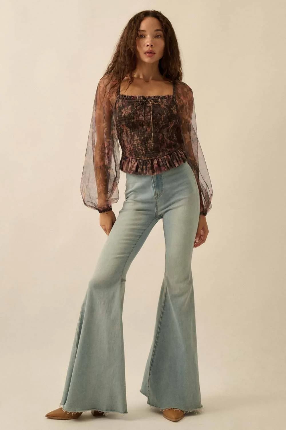 Layered Floral-Print Tulle Smocked Peasant Top by Promesa