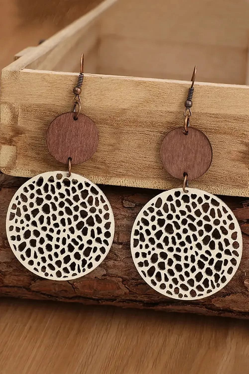 Hollow Out Wooden Round Drop Earrings (Black)
