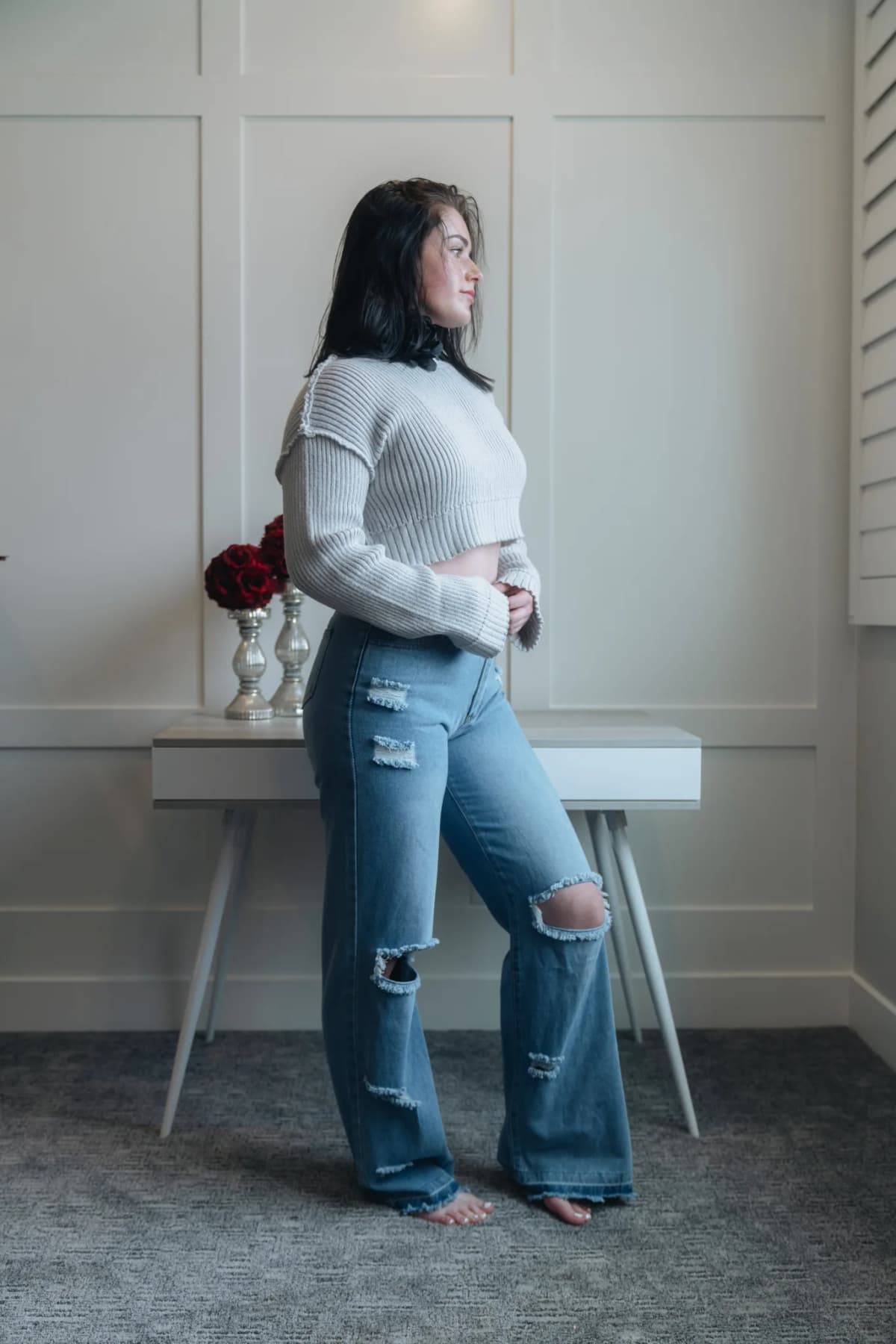 Long Sleeve Crop Top Sweater Gray