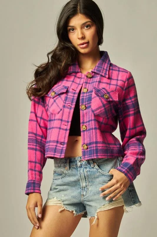 Flannel Plaid Cropped Button Down Jacket