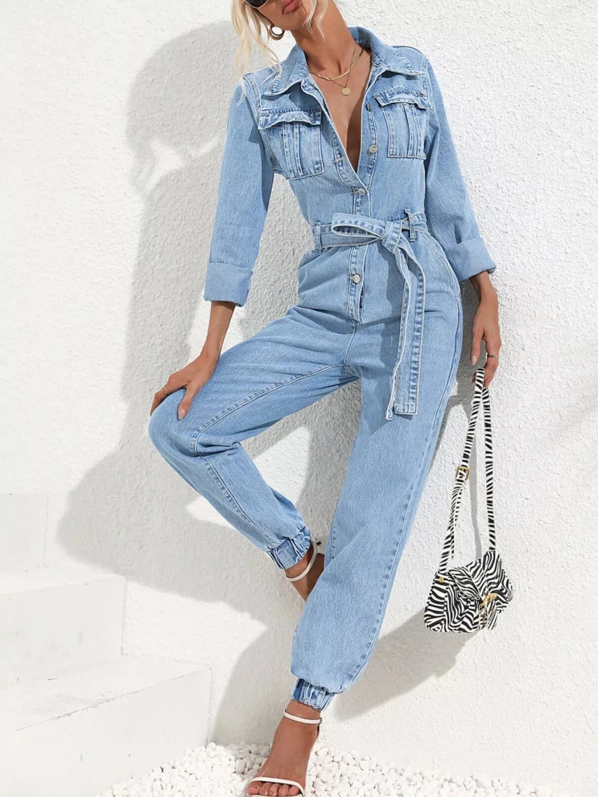 Button Front Belt Denim Jumpsuit