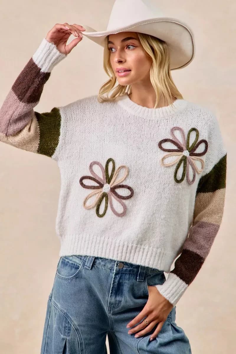 BiBi Flower Color Block Sweater