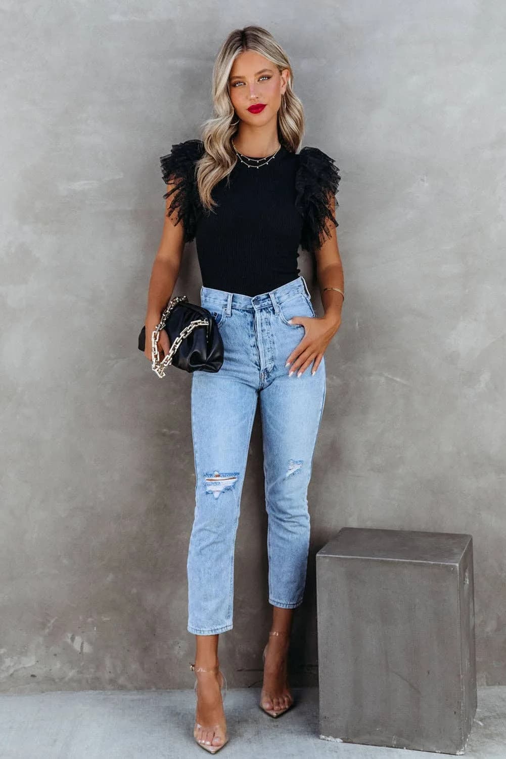 Dotty Mesh Ruffle Sleeve Ribbed Knit Top Full Time Purchase (Black)