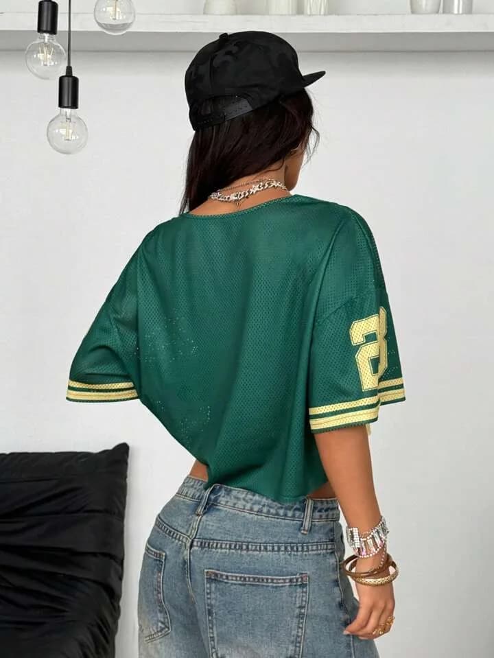 Green and Yellow Lace Trim Mesh Crop Top Jersey