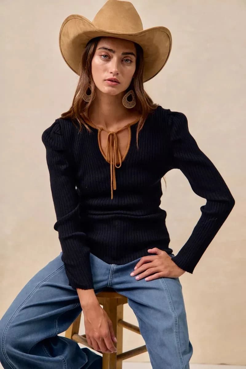 BiBi Ribbed Contrast Front Tied Top with Shried
