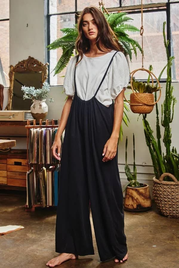 Wide Leg Solid Textured Knit Jumpsuit Pants Bucketlist