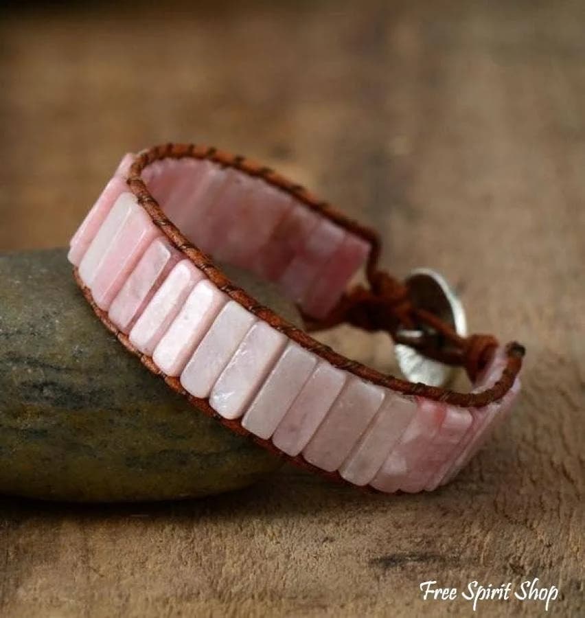 Natural Pink Opal Stone Leather Wrap Bracelet