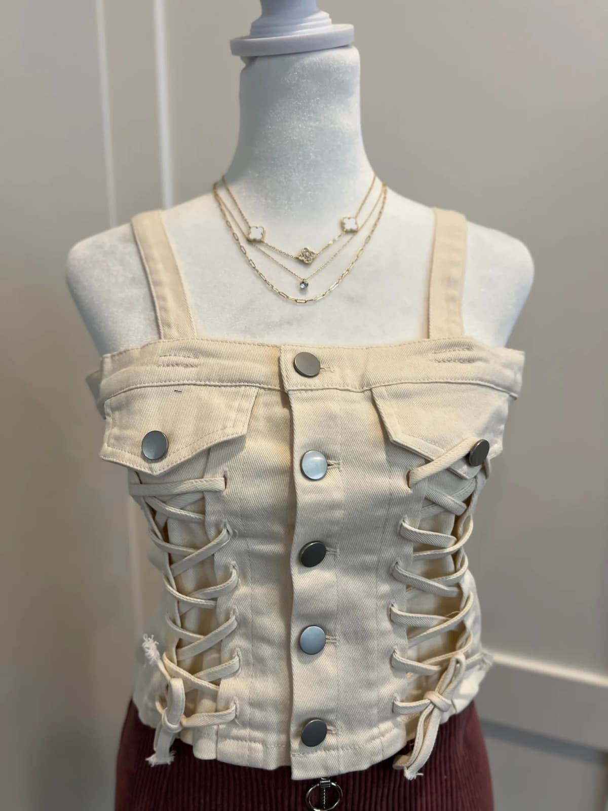 Denim Button Down Lace Up Detail Smocked Back Crop Top