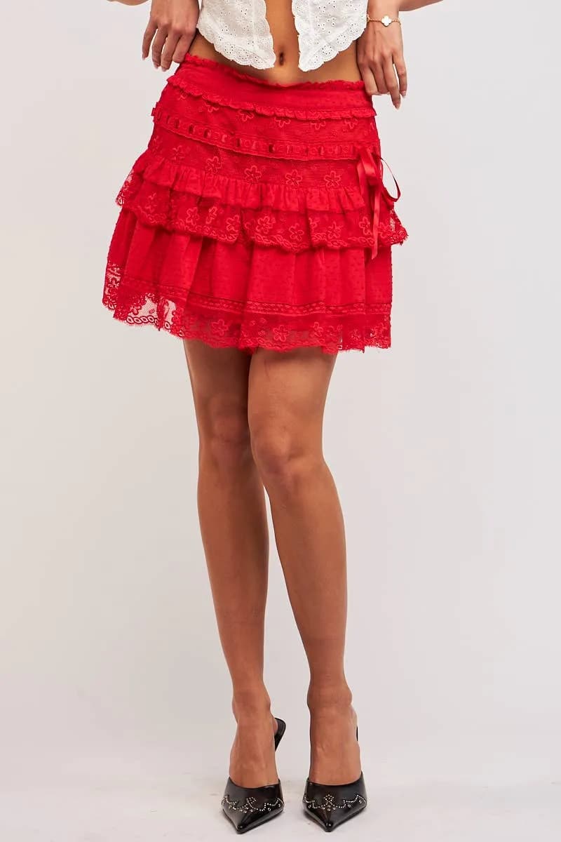 Red Print Floral Lace Trim Mini Skirt by Sky to Moon