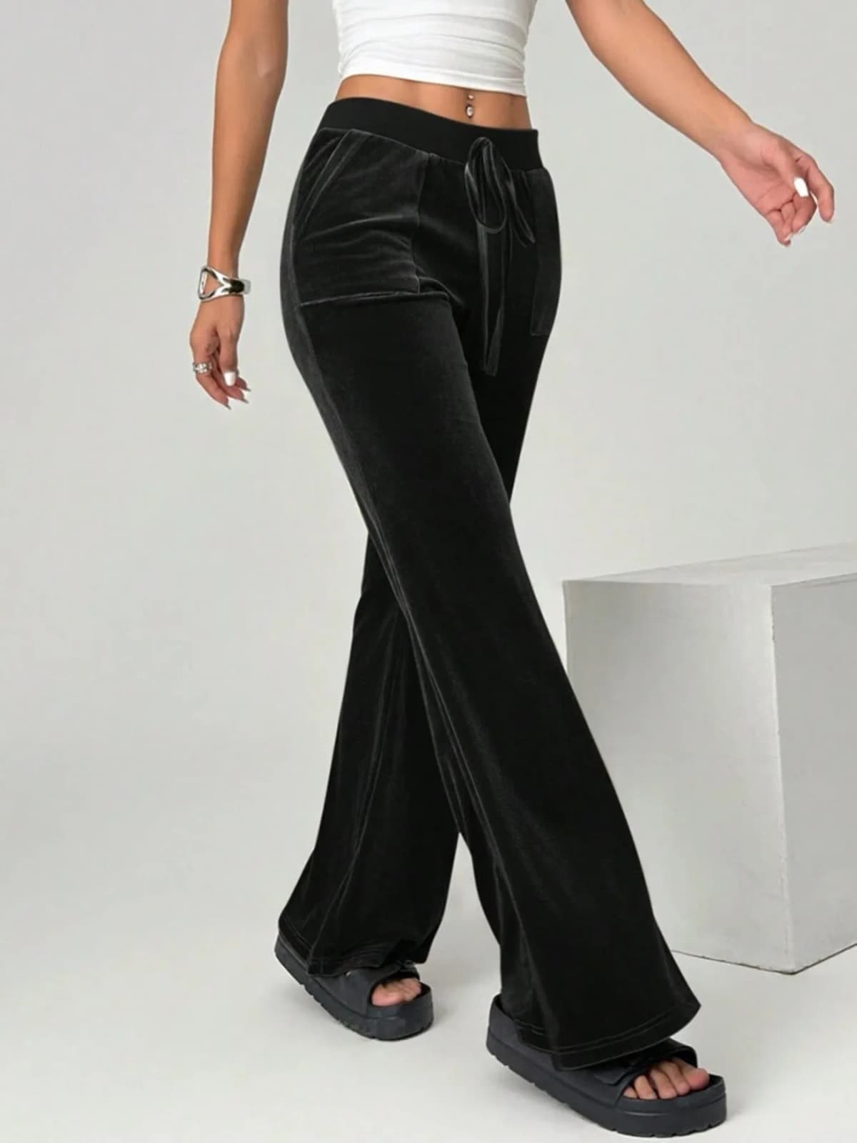 Velvet Flare Pants with Drawstring