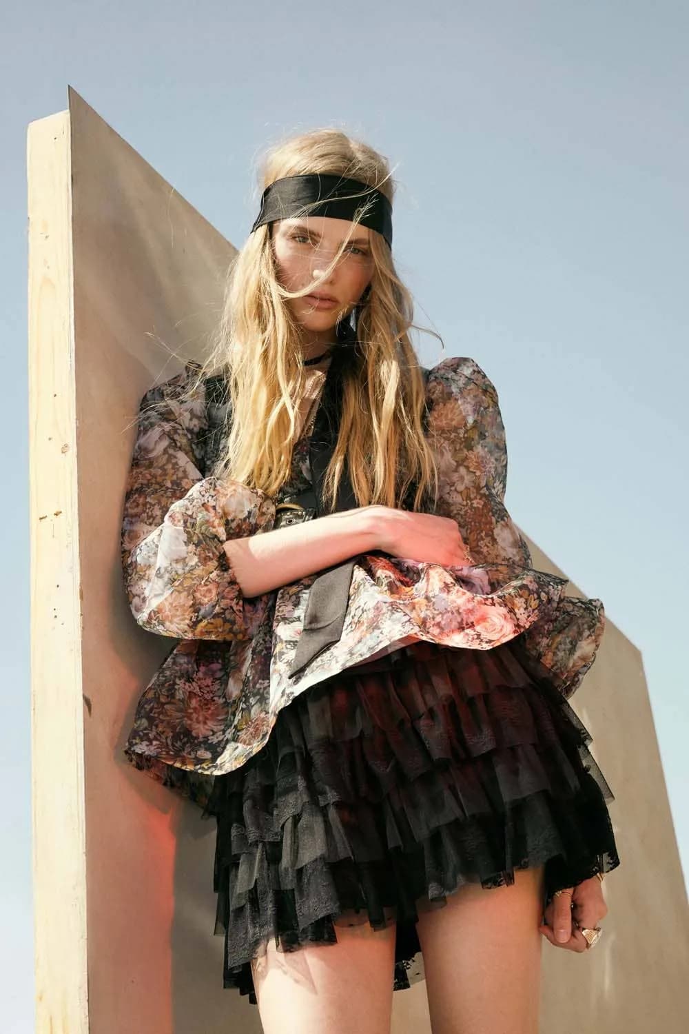 Brown Lace and Tulle Tiered Ruffle Mini Skirt by Promesa