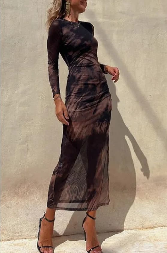 Rose Tie Dye Black Mesh Ruched Split Maxi Dress