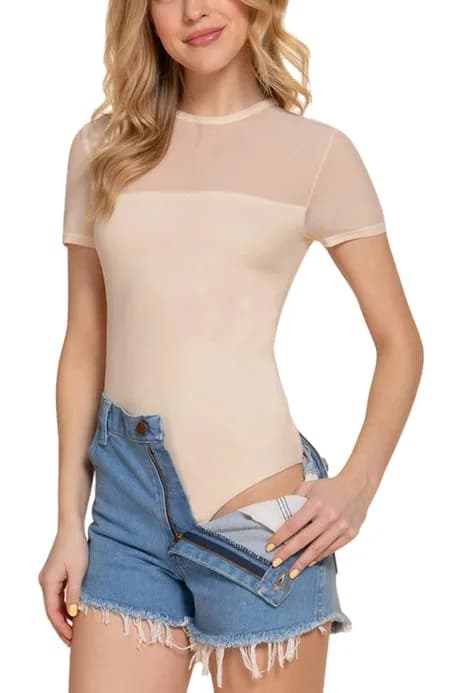 Short Sleeve Crew Neck Mesh Bodysuit Apolline (Cream)