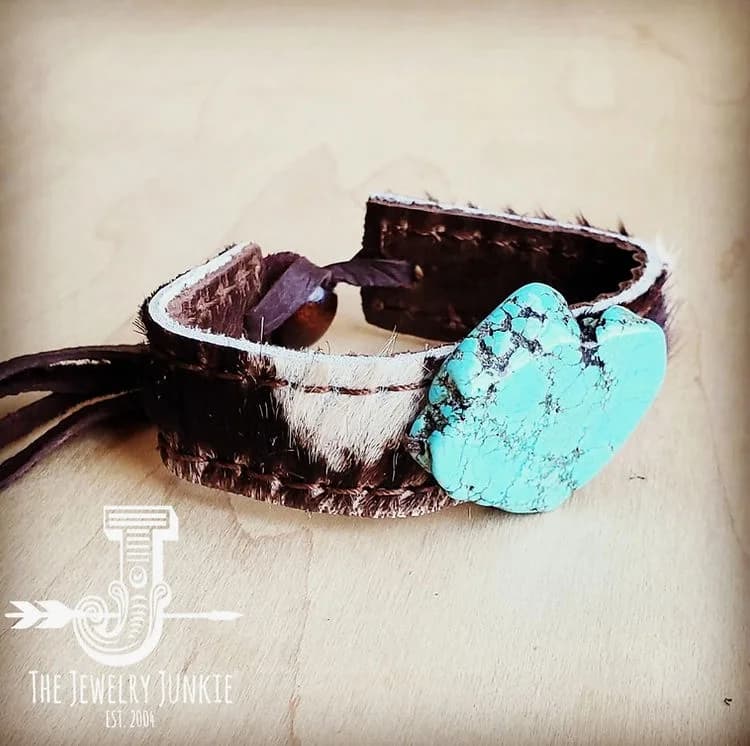 Narrow Leather Cuff with Turquoise Slab Brindle Jewelry Junkie
