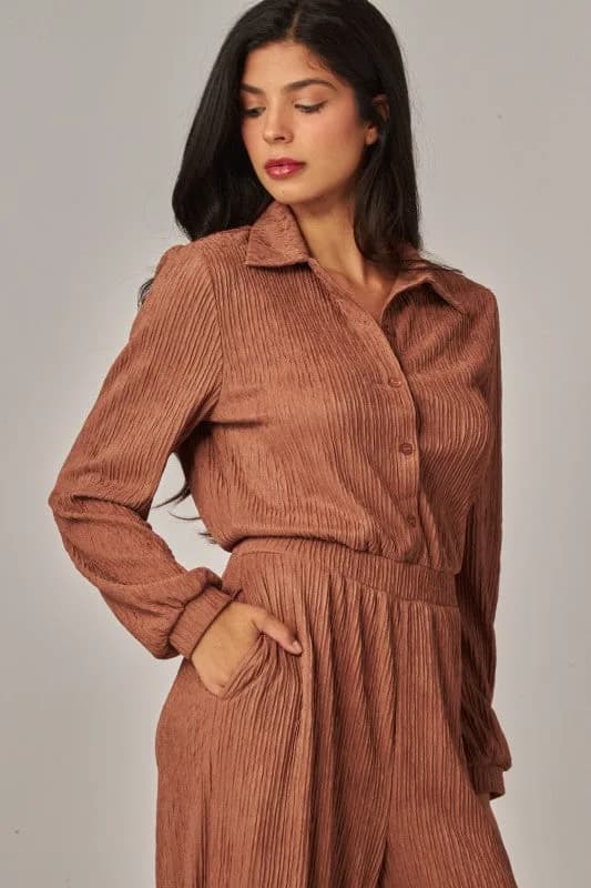 Crinkled Plisse Button Up Casual Jumpsuit