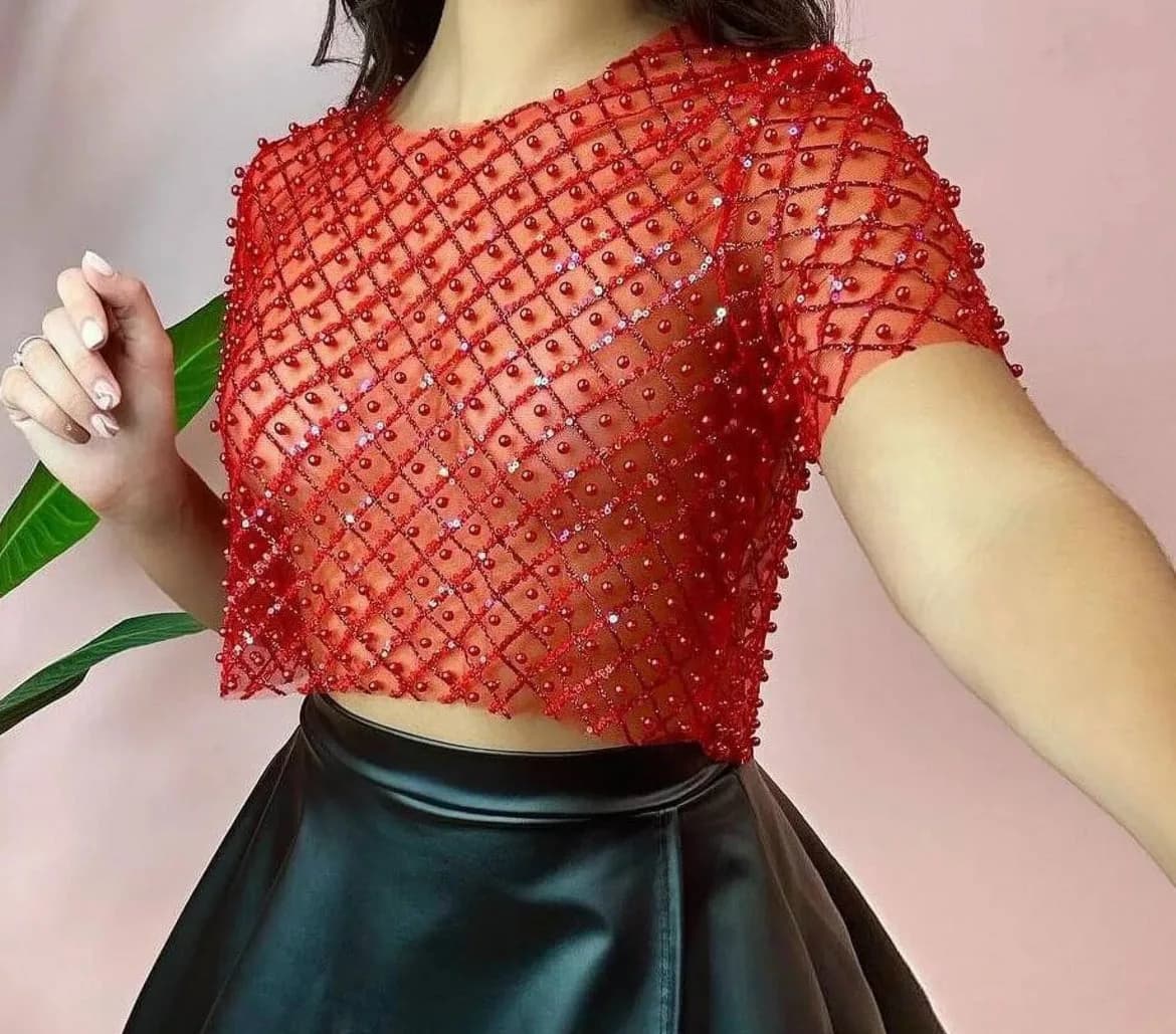 Mesh Beaded Sequin Crop Top