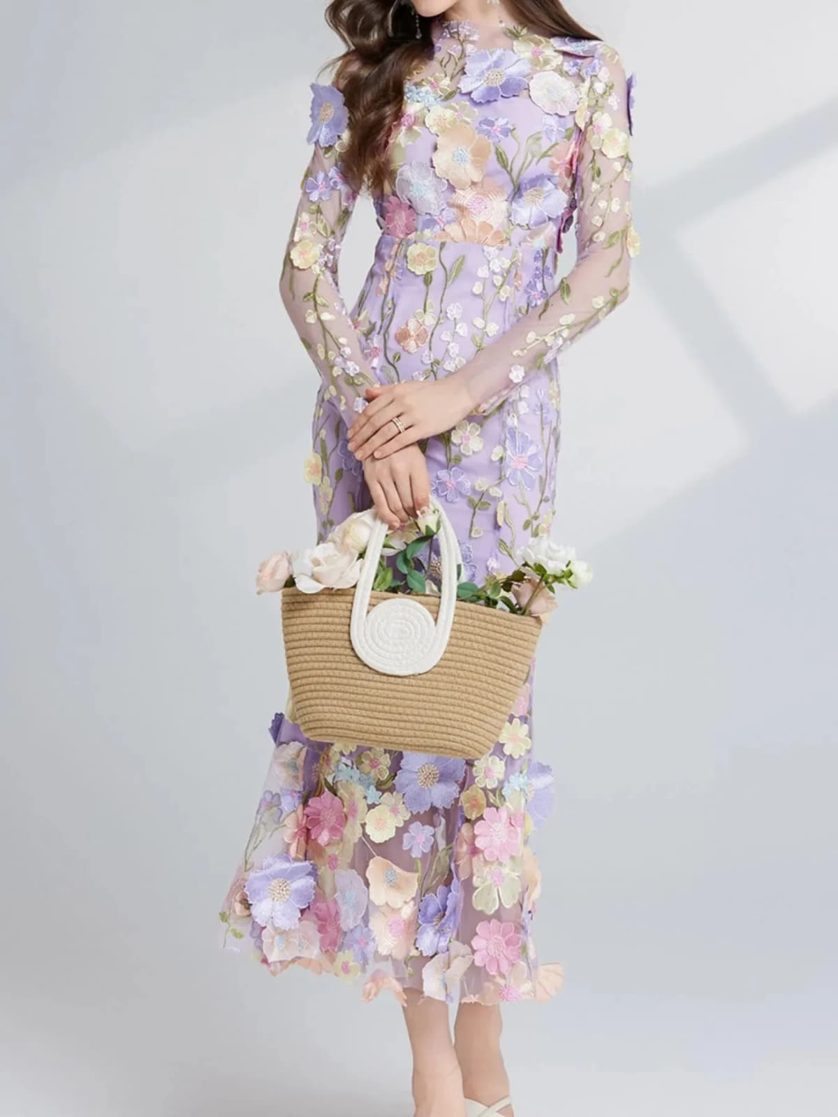Floral Embroidered Mesh Long Sleeve Midi Dress