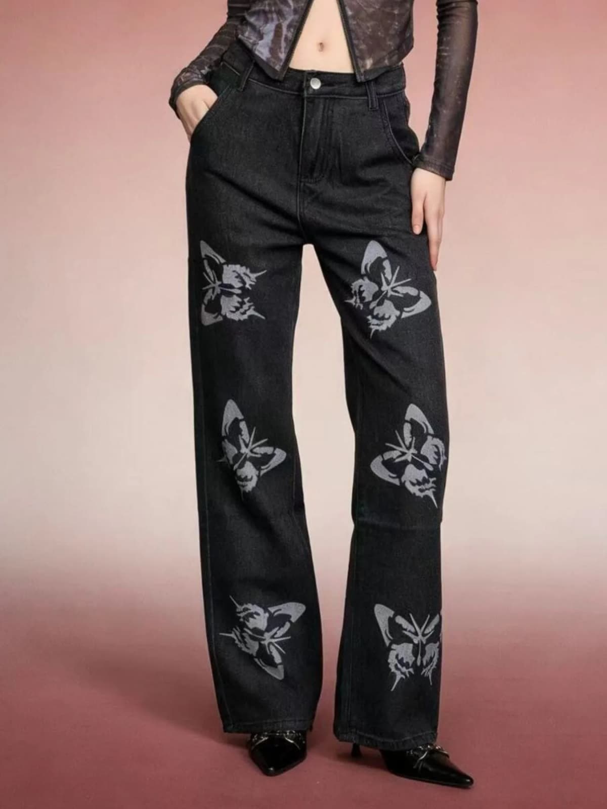 Butterfly Print High-Waisted Wide Leg Jeans