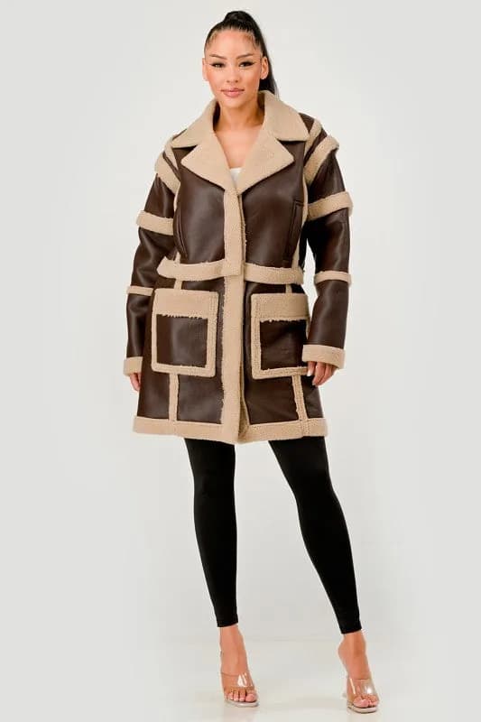 Brown Faux Leather Shearling Trim Coat