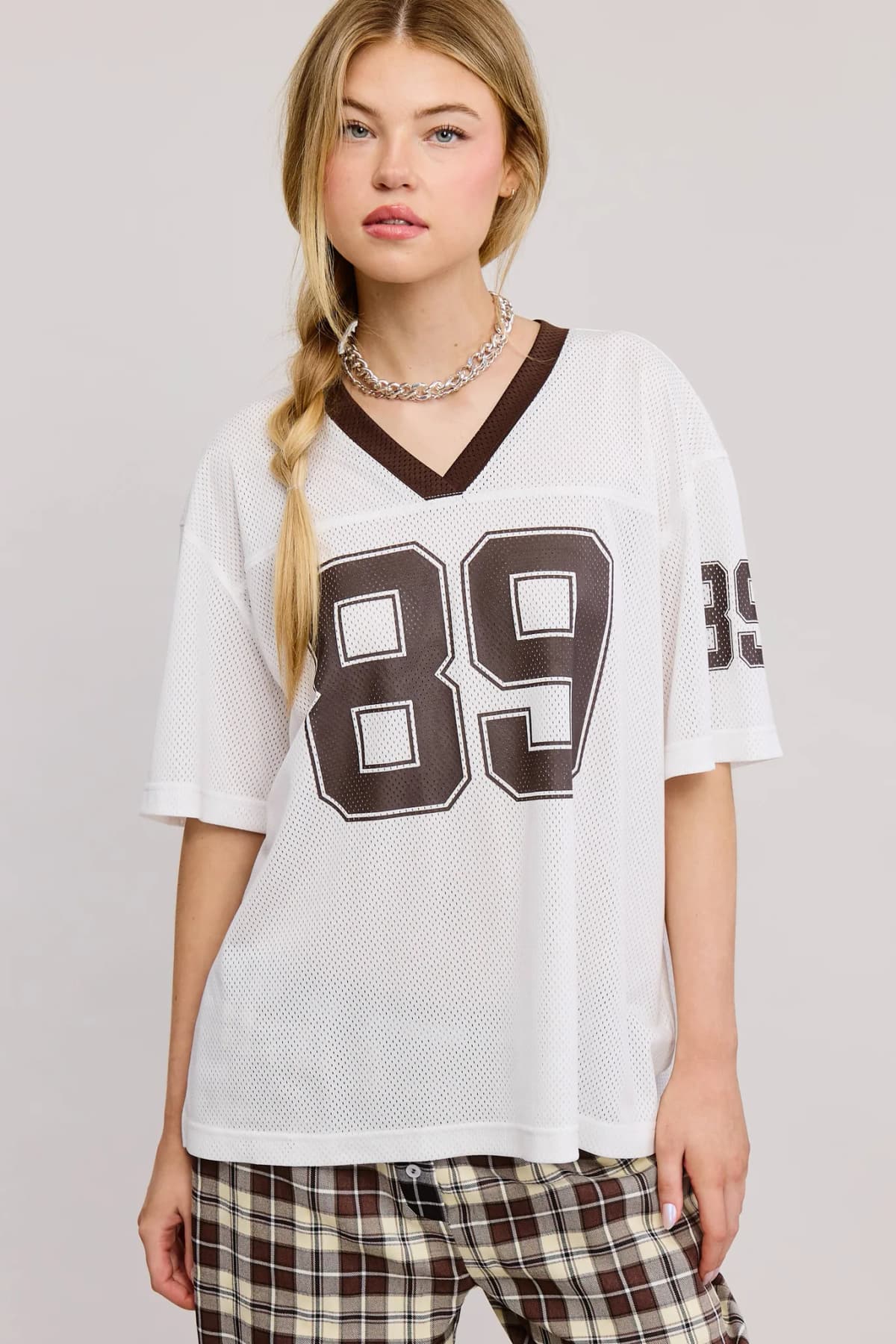V Neck Sporty Jersey Shirt Top With Printed 89