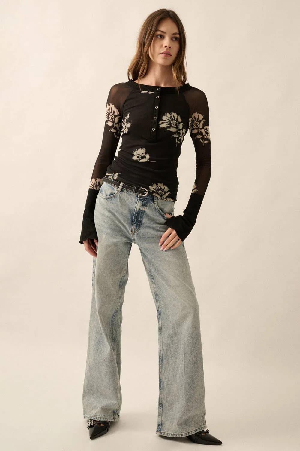 Floral Print Mesh Raglan Sleeve Henley Top by Promesa