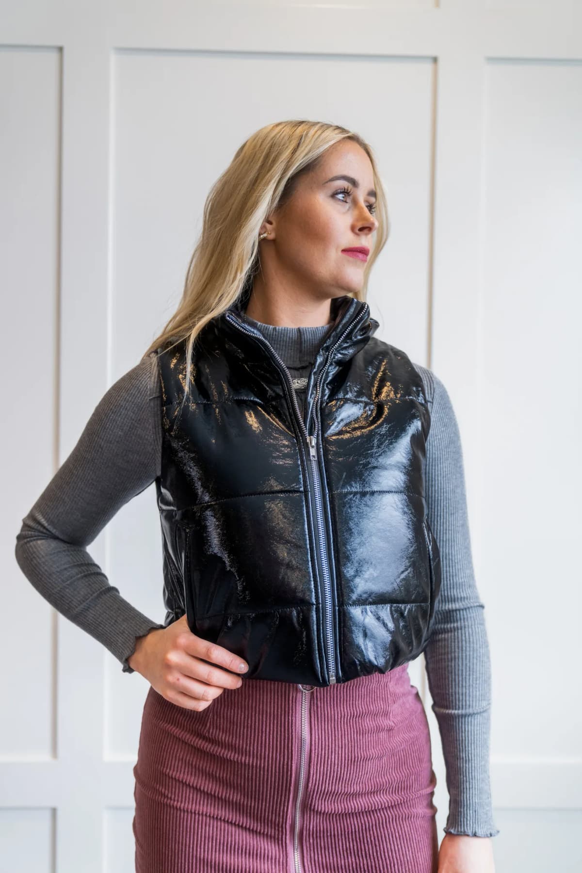 Faux Leather Puffer Vest Style Up (Red)