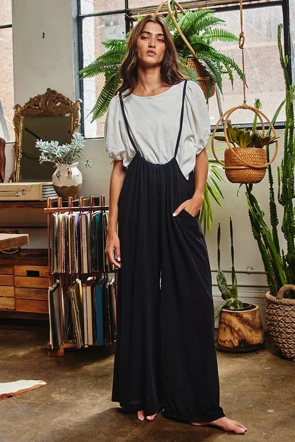 Wide Leg Solid Textured Knit Jumpsuit Pants Bucketlist