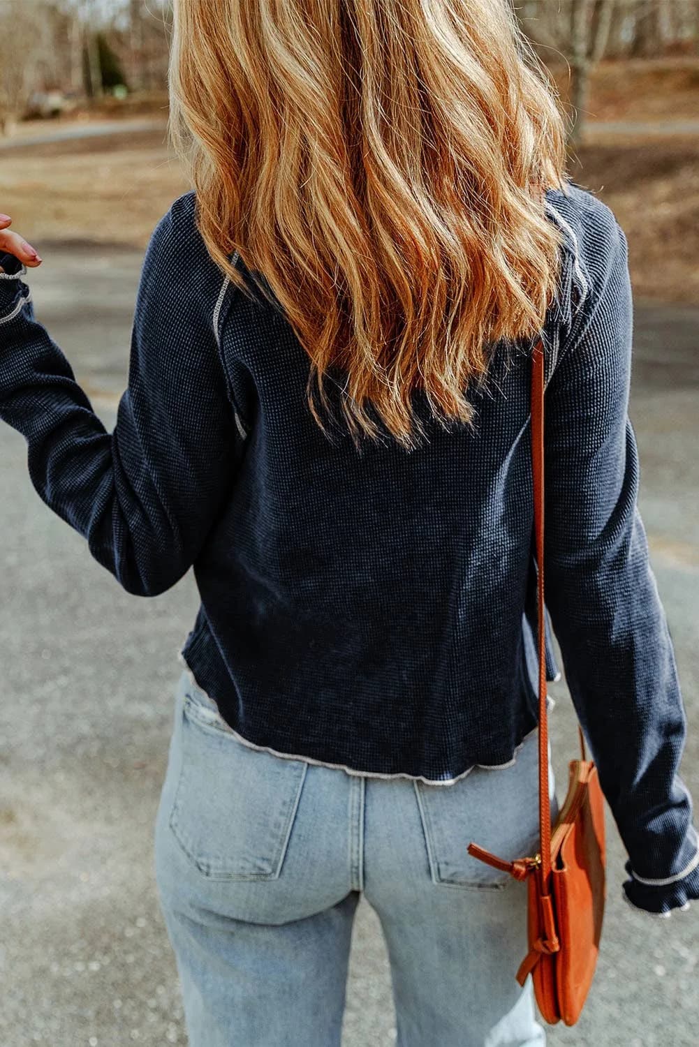 Textured Round Neck Long Sleeve Top (Red)