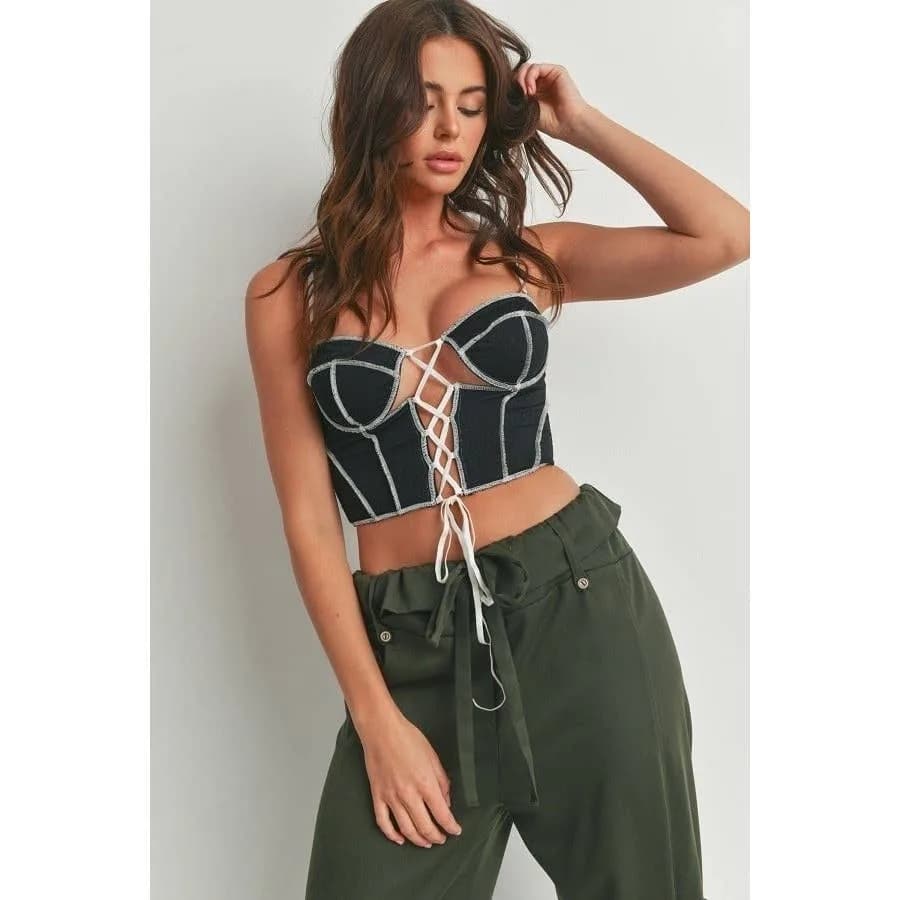 Contrast Stitching Open Back Crop Bustier (Black)