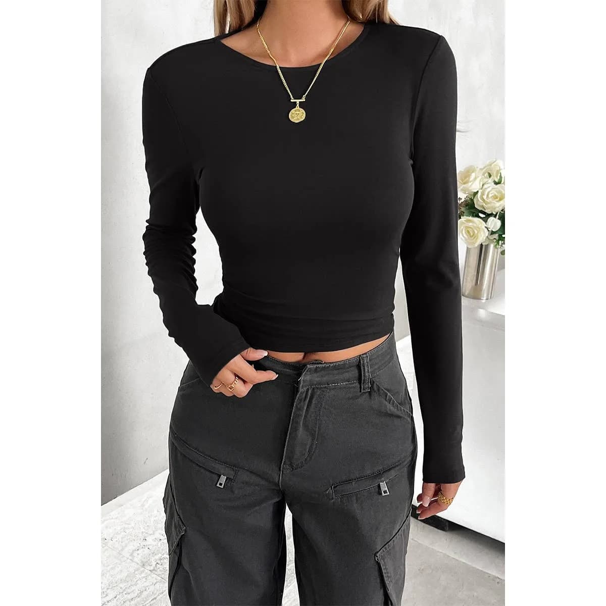 Round Neck Solid Long Sleeves Elastic Fit Top (Black)