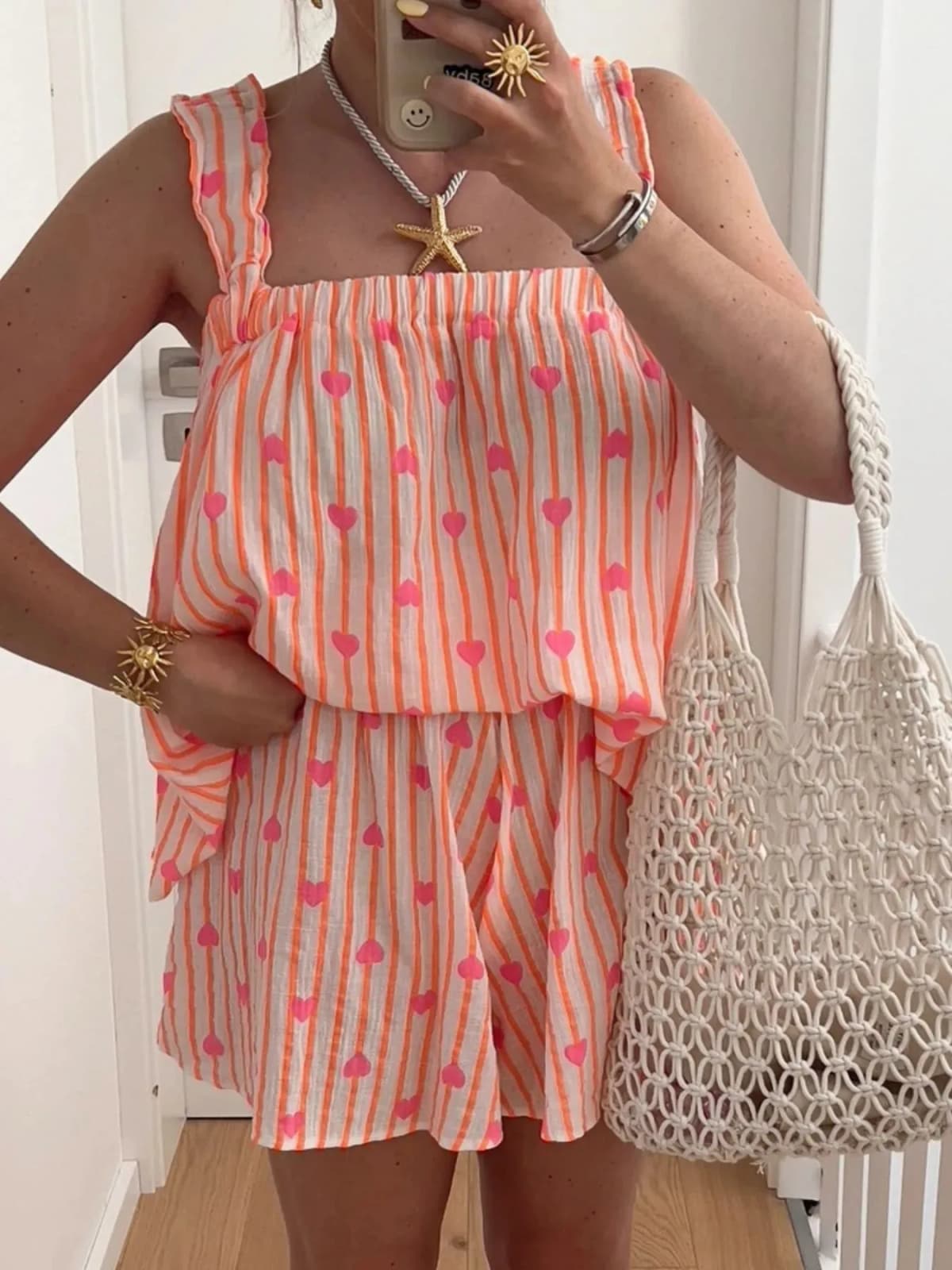 Striped Heart Cami Top and Shorts Set Multiple Prints