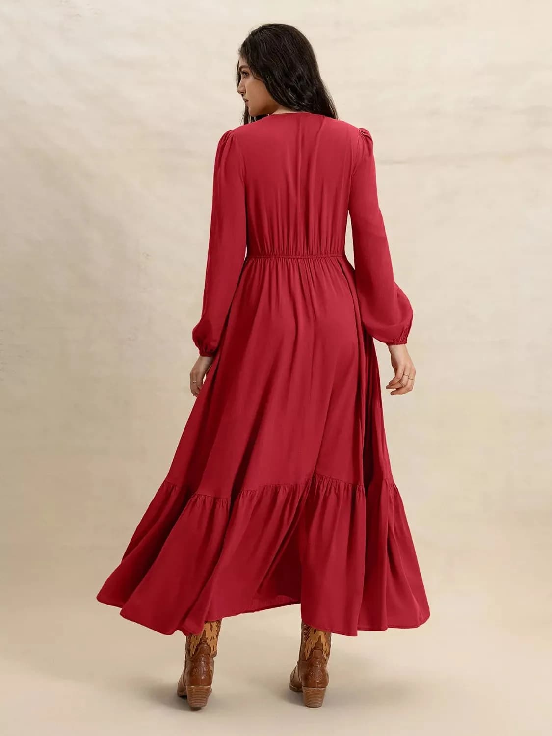 V-Neck Balloon Sleeve Ruffled Hem Maxi Dress